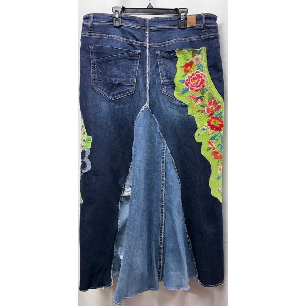 Boho Luxe Upcycled Denim Maxi Skirt Embroidery on Denim Wearable Art Fits 14/16 - Picture 3 of 8